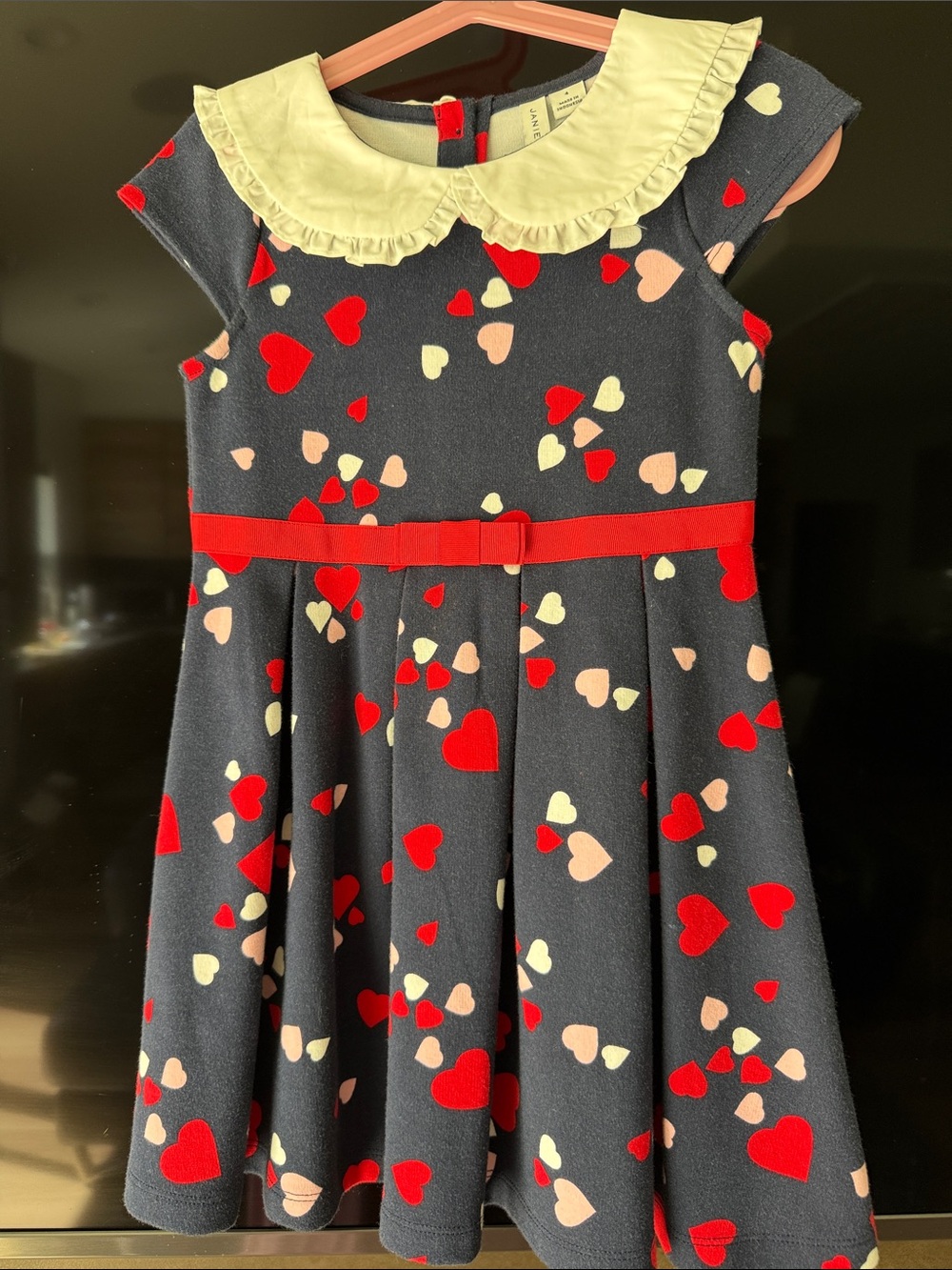 Janie and Jack Navy Dress with Red, Cream, and Pink Hearts
